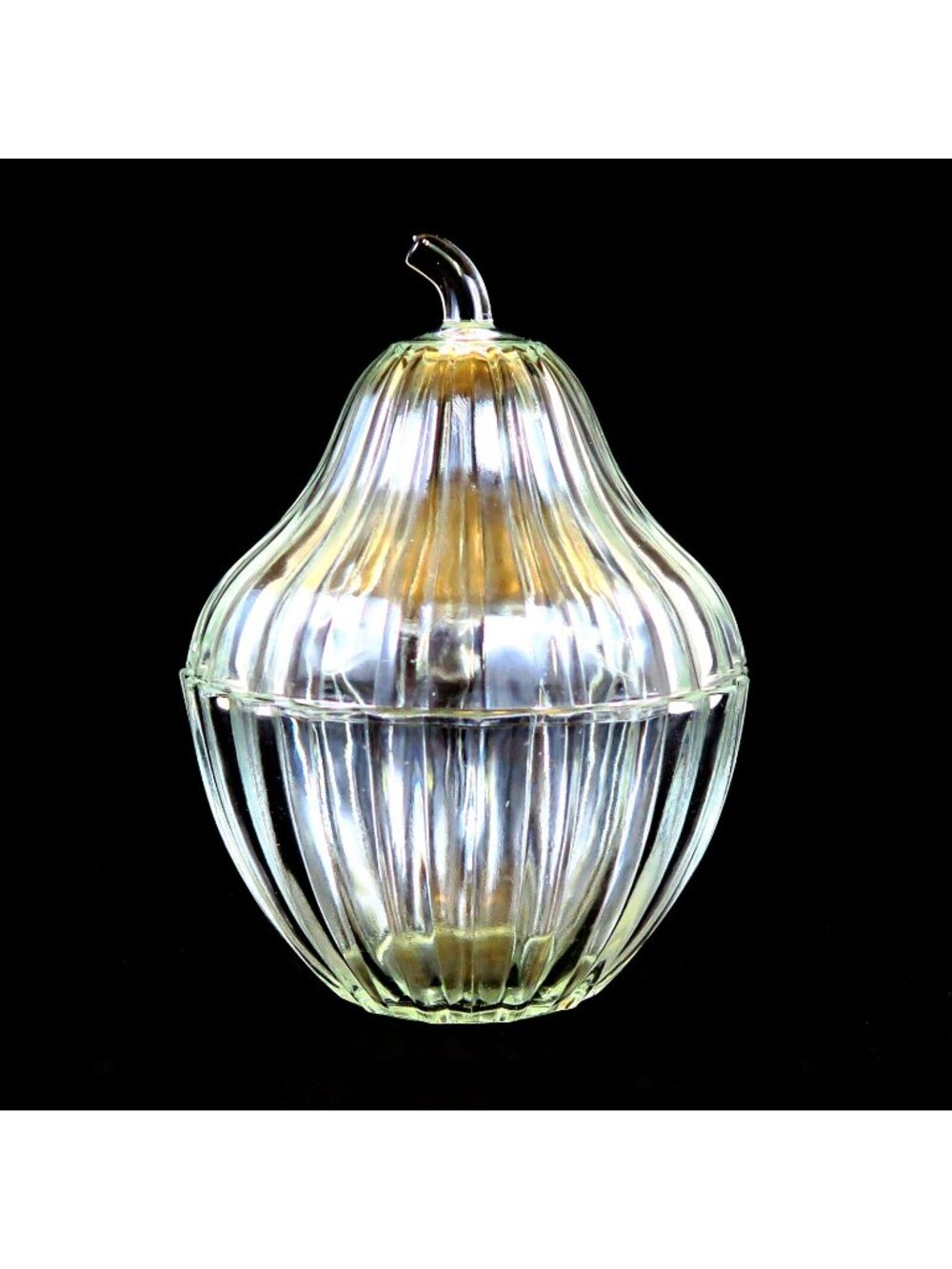 Glass Pear-Shaped Covered Bowl - Vintage Ribbed Candy Dish - 7.5” Tall